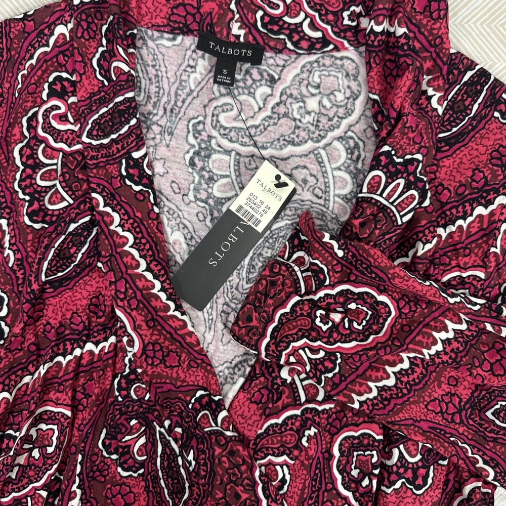 NWT Talbots Top Women's SMALL Black Pink White Paisley Faux Wrap 3/4 Rayon Blend